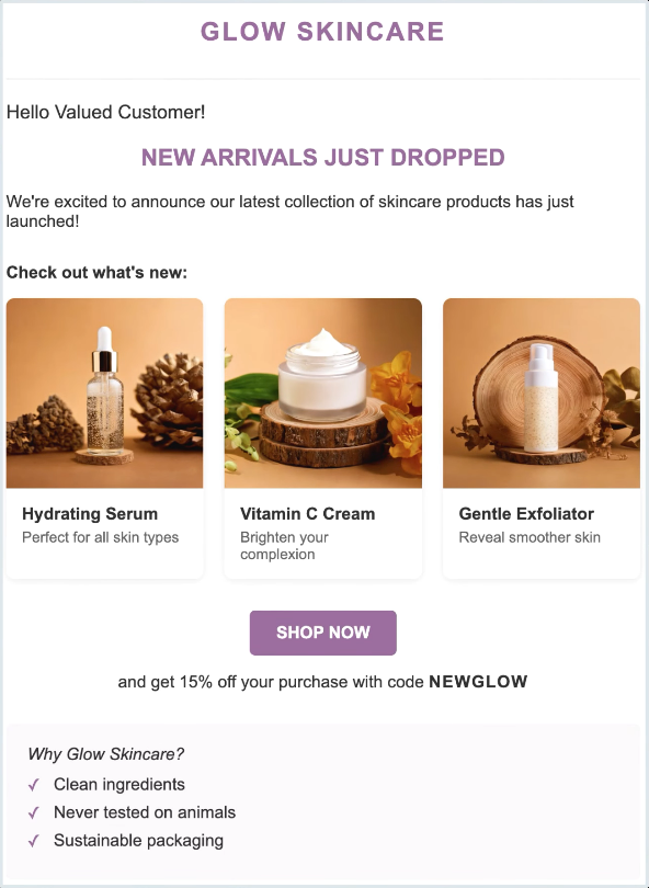 Capture d'écran d'un email de vente de la marque Glow Skincare avant personnalisation. Le message, en anglais, commence par "Hey cher client" puis recommande trois produits de soin génériques au destinataire et se termine par l'appel à l'action "acheter maintenant" avec un code promo générique.